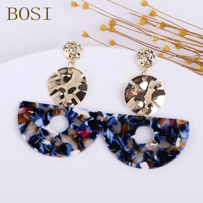 Boho акриловые полукруглые Висячие серьги для женщин Смола Мода уксусная кислота ювелирные изделия геометрические металлические серьги