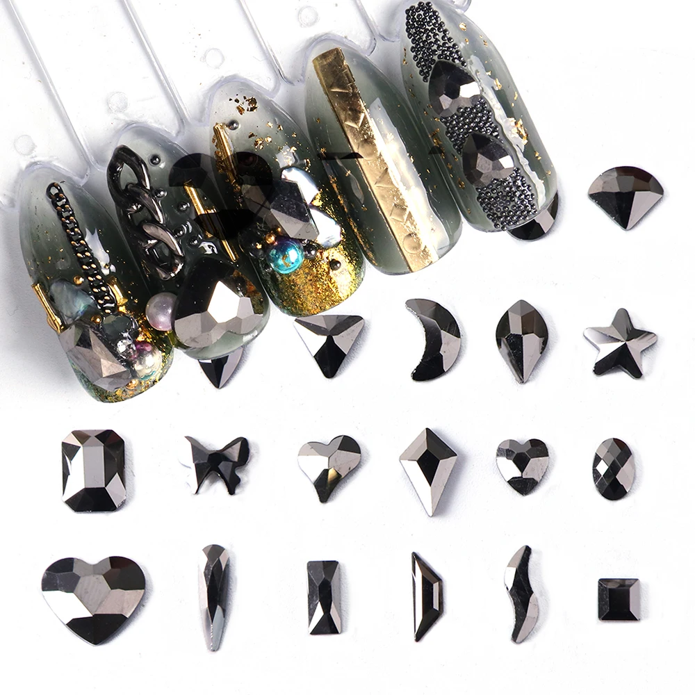 10 шт. черные стразы для дизайна ногтей ромб/Сердце/бант стеклянный камень