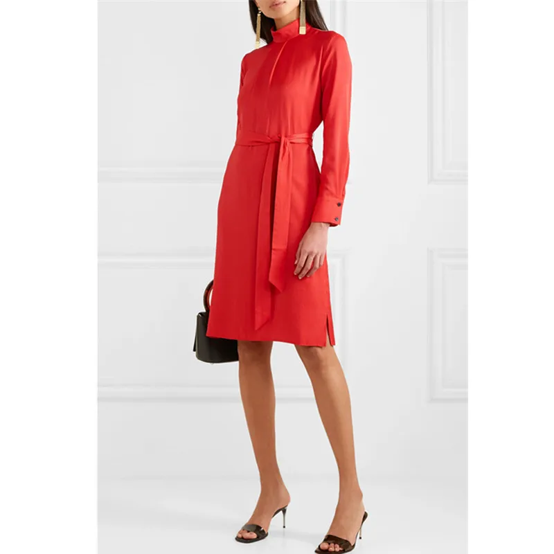 Женское шифоновое платье с поясом красное плиссированное длинным рукавом