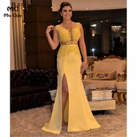mermaid illusion evening dresses prom dresses with lace appliques robe de soiree vestidos de fiesta women yellow evening dress