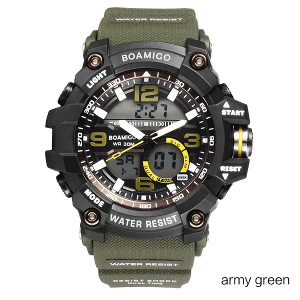 army green BOAMIGO Для мужчин спортивные военные армейские часы мужские Кварцевые наручные часы светодиодный цифровые часы мужской шок водостойкий часы Reloj Hombre - Цвет: army green