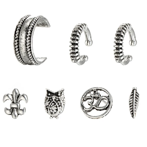 Retro Silver E0231X SHEEGIOR, винтажные милые серьги-манжеты, набор, Bijoux Femme, милые мини серьги-гвоздики с изображением совы, пера, Будды, женские модные ювелирные изделия, подарок - Окраска металла: Retro Silver E0231X