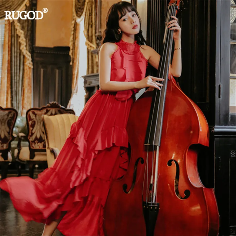 Женское вечернее платье RUGOD красное с асимметричным подолом и оборками длинное