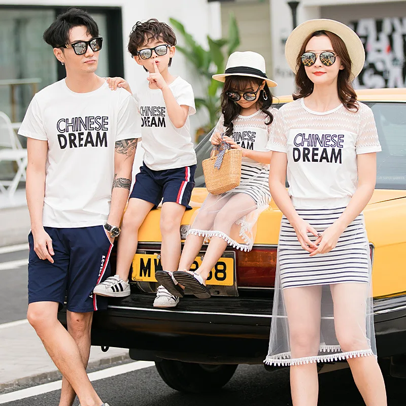 New Korean Mother and Daughter's Striped Lace Skirt 2019 Parents Children's Summer Family Matching Clothes Dad Son T Shirt | Мать и