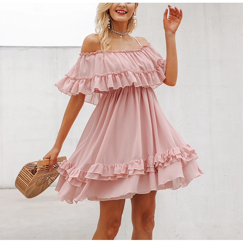 Pink Elegant Off Shoulder Strap Chiffon Dresses Summer Women Ruffle Pleated Short Dress Holiday Loose Beach Mini | Женские платья