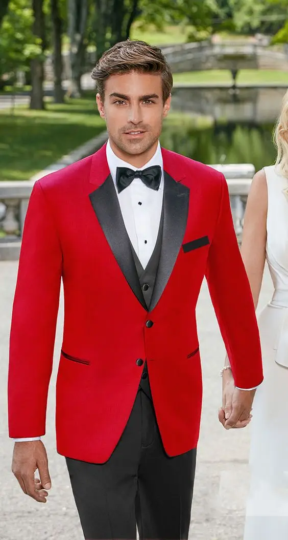

Men's red tuxedo with black satin notch lapel Mens Slim Fit Suits Groom Tuxedos Groomsmen Mens Wedding Suits(Jacket+Pants+Tie)