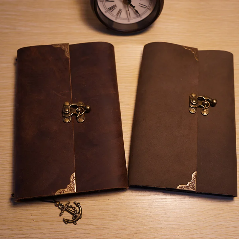 Handmade genuine leather notebook  vintage lock black color diary spiral losse leaf kraft paper school supplies journal notebook