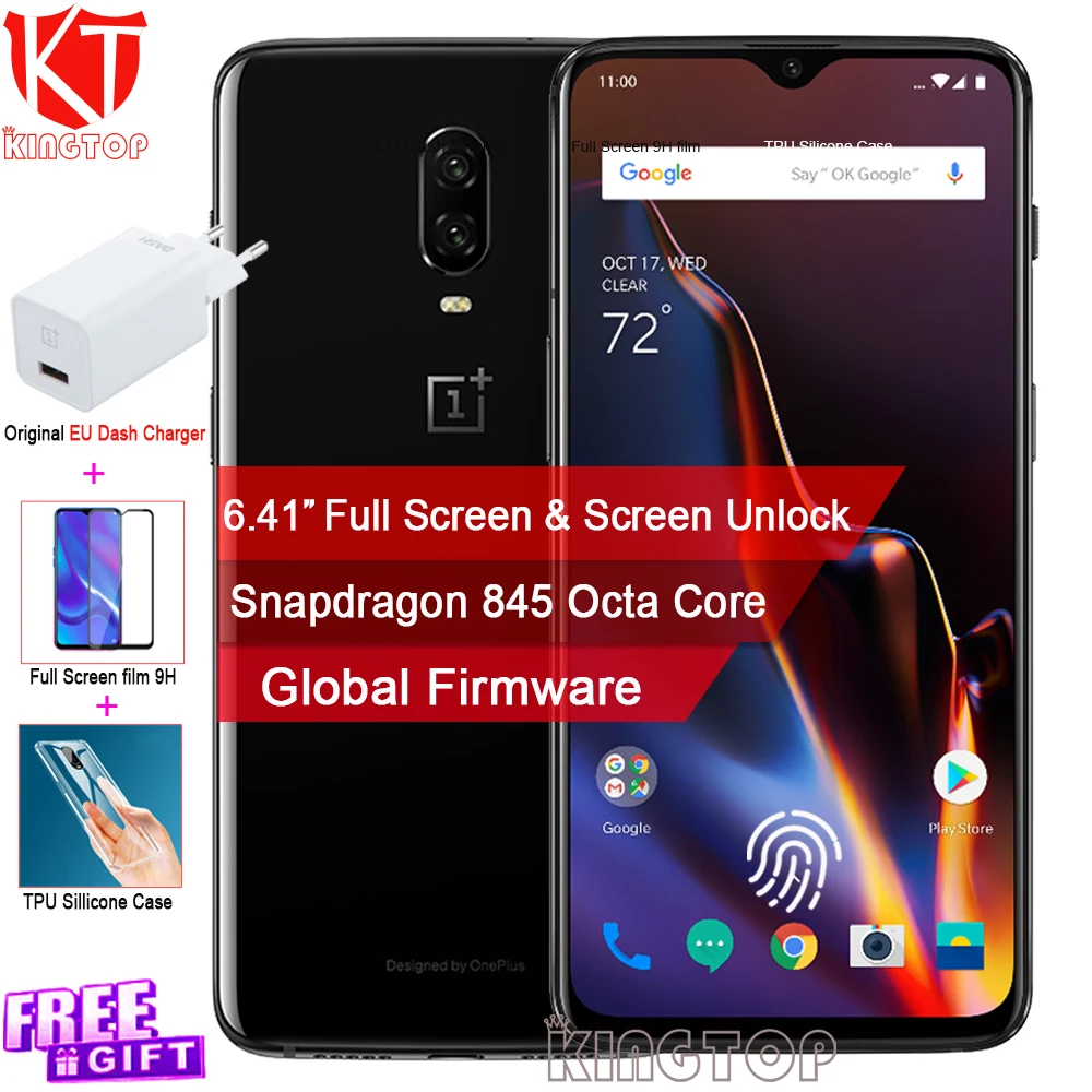 Oneplus 6T мобильного телефона 6/8GB Оперативная память 128/256 ГБ Встроенная память Snapdragon 845 Octa Core 6,4" двойной Камера Экран разблокировать телефон nfc