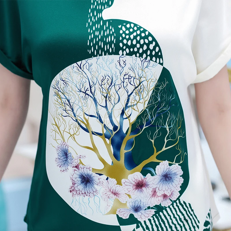 

New arrival female summer floral blouse tops patchwork colors silk round-neck clothes loose short batwing sleeve