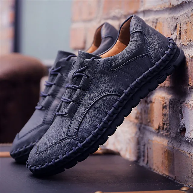 Blue Shoes Merkmak/Новинка; Мужская обувь из натуральной кожи; летние модные повседневные лоферы с машинным швом; Повседневная мягкая удобная мужская обувь на плоской подошве - Цвет: Blue Shoes