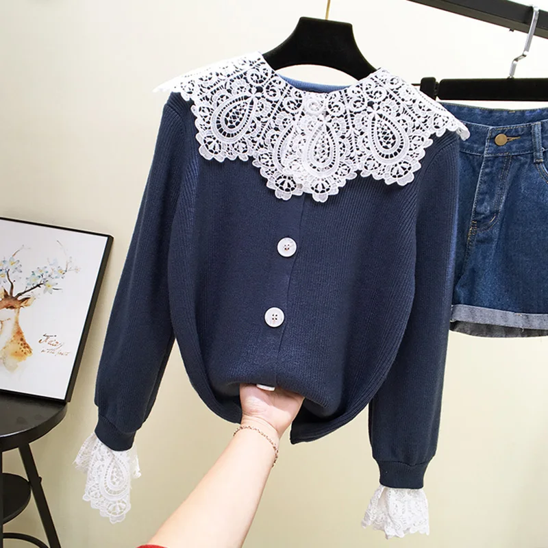 Женский офисный кардиган ALPHALMODA однобортный свитер с кружевным воротником на