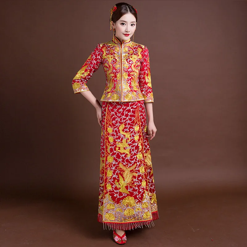 Женское традиционное свадебное платье Qipao красное китайское с вышивкой в стиле