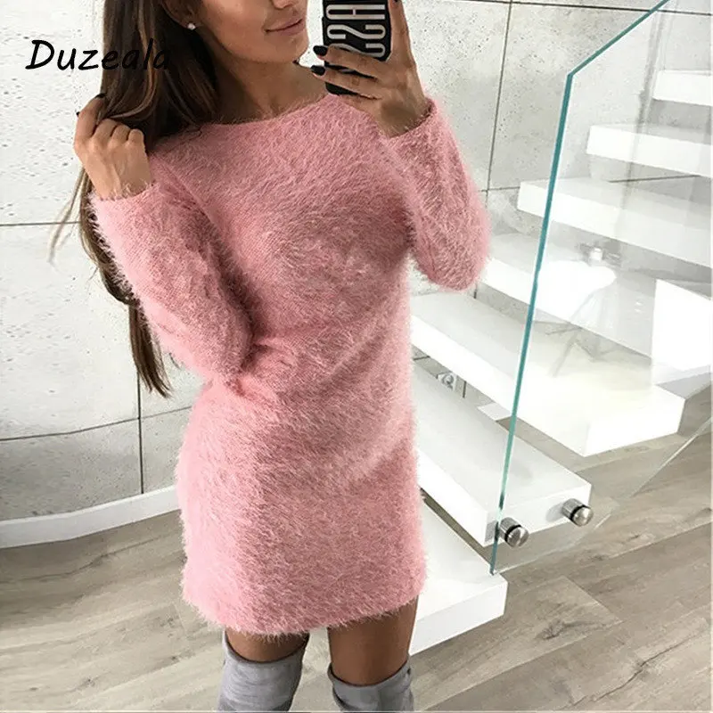 Pink Модный зимний плюшевый свитер, платье для женщин, вечерние, ночные, облегающее, Рождественская, черная одежда, сексуальное мини-Бандажное трикотажное платье для женщин - Цвет: Pink