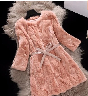 pink Горячая Распродажа Пальто из натурального кроличьего меха средней длины тонкий o-образным вырезом шуба из кролика рекс куртки для женщин зима - Цвет: pink