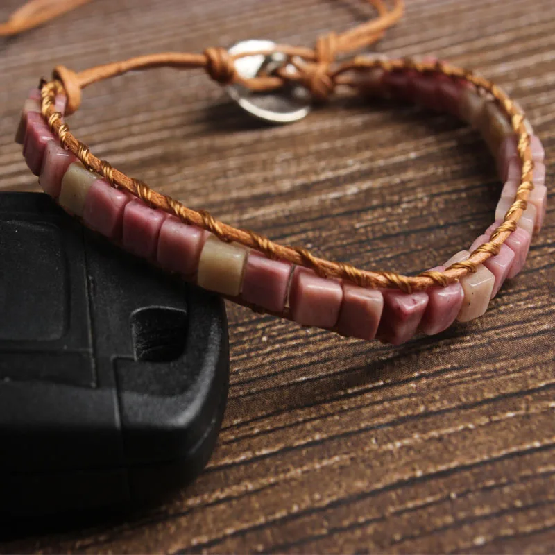 

LanLi natural Jewelry 4x4mm square pink Bed Wooden bracelet men and women Giving presents and self use