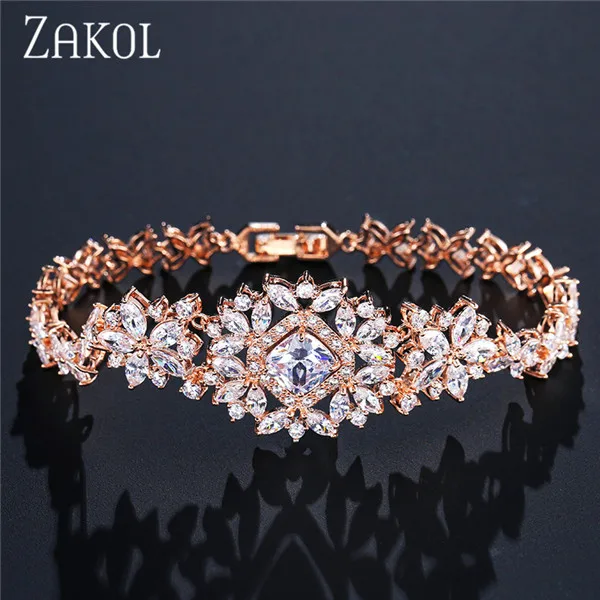 Rose Gold Color ZAKOL классические микро инкрустационные кубические наручные часы с цирконием формы браслеты/браслет Роскошный Серебряный цвет цветок Свадебные украшения для женщин FSBP023 - Окраска металла: Rose Gold Color