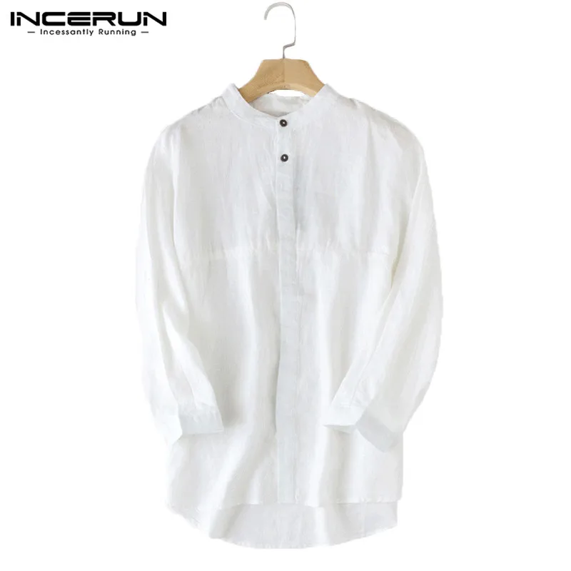 White Shirt Винтажная Мужская рубашка со стоячим воротником, 3/4 рукав, пуговица, хлопок, лен, одноцветная блуза, китайский стиль, для отдыха, мужские Рубашки, Топы, INCERUN - Цвет: White Shirt