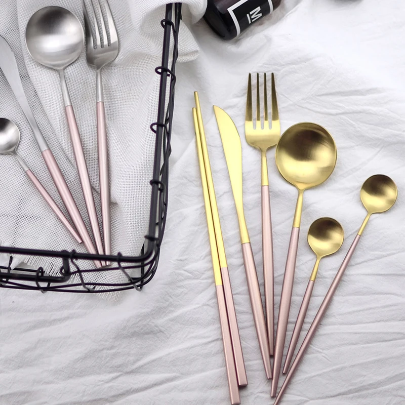 Западный Стиль розовый золотые столовые приборы экологичный 18/8