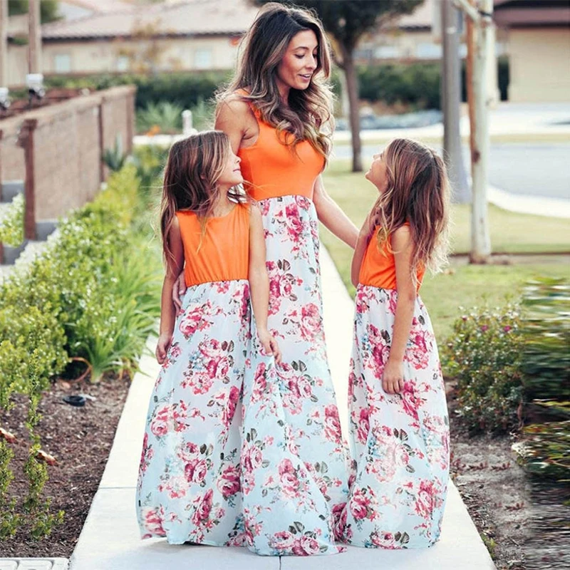 

Family Look Modal Cotton Floral Print Short Sleeve Summer Season Mother Daughter Dresses Famliy Mommy and Me Long Dress
