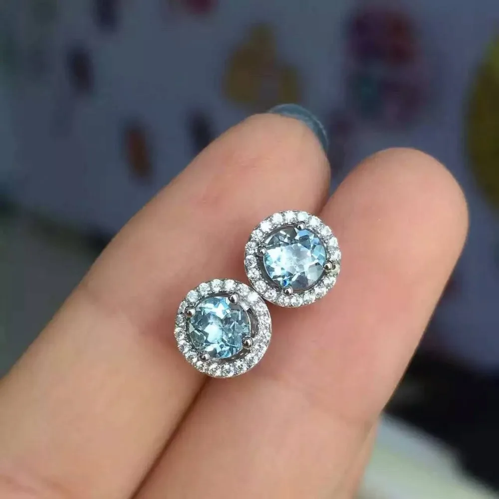 Серьги-гвоздики женские круглые из серебра 925 пробы с натуральным голубым