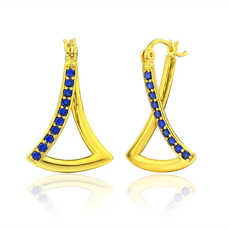 Серьги кольца женские с треугольным кластером и темно синим фианитом|earring body