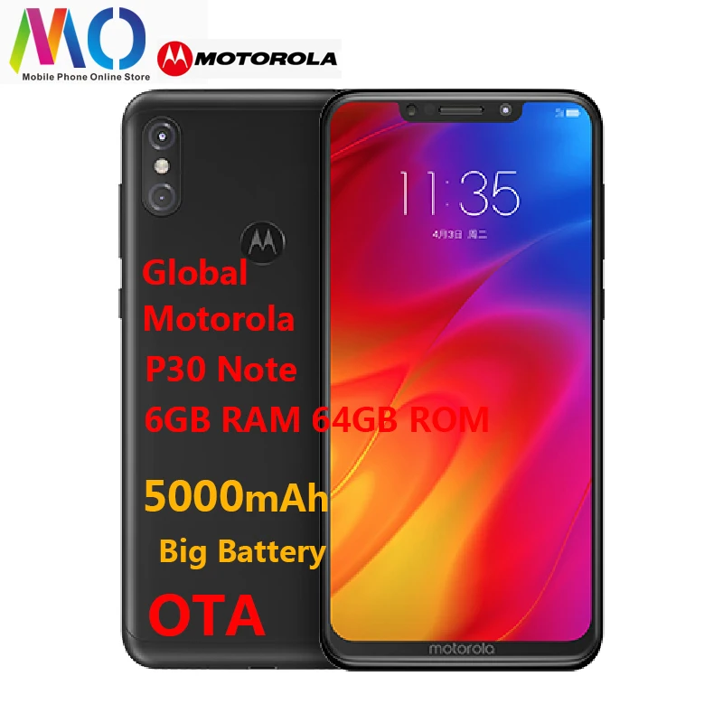 Смартфон Motorola MOTO P30 note, 6,2 дюймов, FHD, 6 ГБ ОЗУ, 64 Гб ПЗУ, Восьмиядерный процессор Snapdragon 636, 5000 мАч, Android 8,1, мобильный телефон