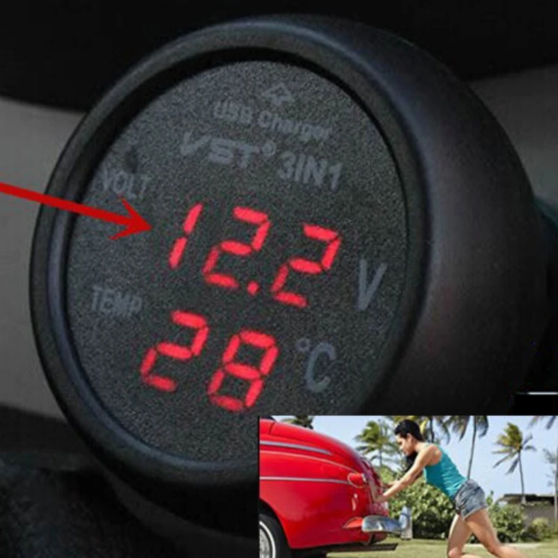 3 In 1 USB Car Charger Voltmeter Volt Meter Current Temperature Meters Digital Monitor Display Portable Car Voltage Tester