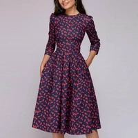 women autumn dress flower printed 34 sleeves vintage a line knee length dress