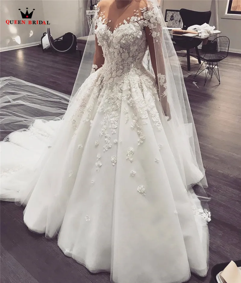 

QUEEN BRIDAL A line Full Sleeves Lace Flowers Luxury Wedding Dress Vestidos De Novia Custom Size Bridal Dress HC20