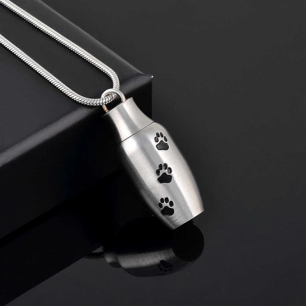 

9787 Top Quality Silver Stainless Steel Paw Print Cylinder Urn Pendant for Pet Ashes Memorial Keepsake CREMATION PENDANT