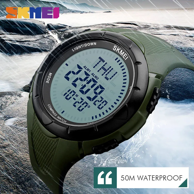 

SKMEI Men Sports Watches Outdoor Compass World Time Multiple Time Zone Wristwatches 50M Waterproof 3 Alarm Digital Watch 1232