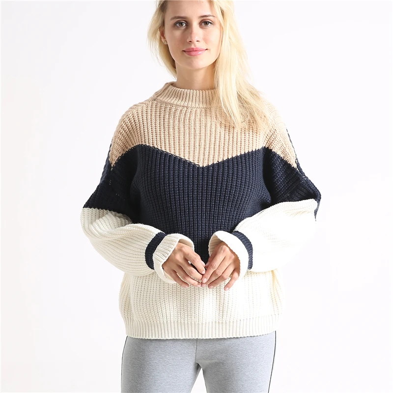 Свитер Женский вязаный с полосками контрастных цветов Осень-зима 2019 | Женская