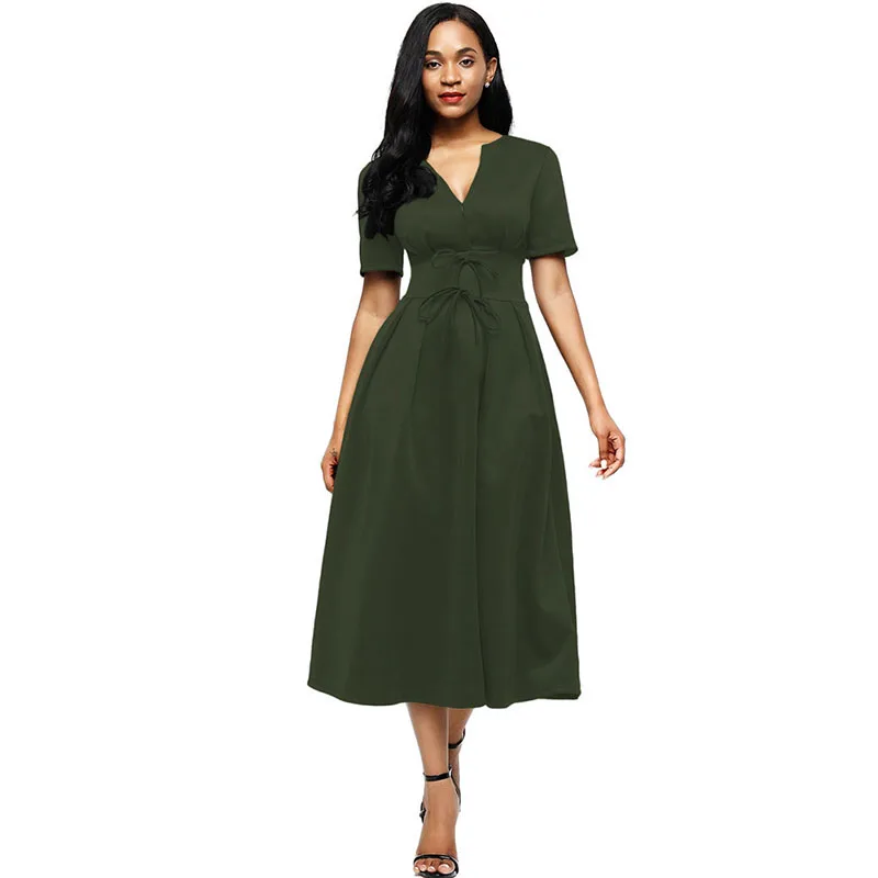 LOVEBATU Brand Ankle Length Dress Splicing Bow Tie Shot Sleeve Dresses | Женская одежда