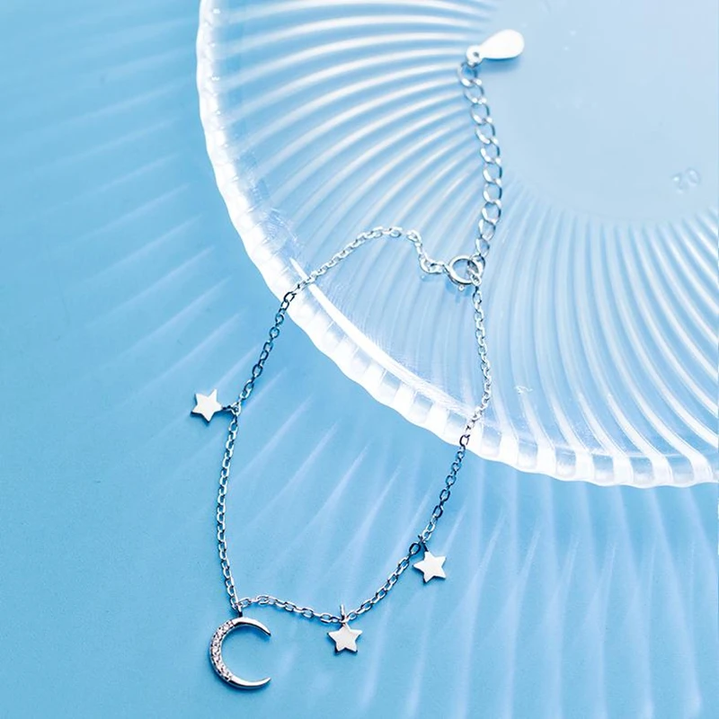 Браслет из серебра 925 пробы с Луной и звездами|Гибкие жесткие браслеты| |