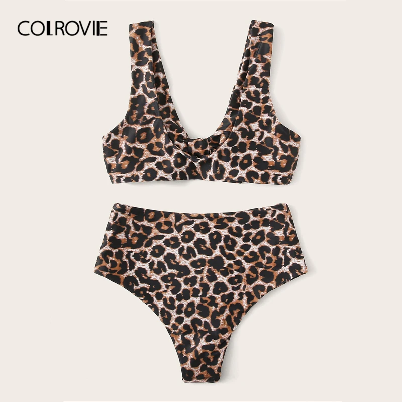 COLROVIE Леопардовый топ с бантом с высокой талией в стиле бохо купальники женский комплект бикини Беспроводной пляжная одежда для купания, купальник, сексуальный купальник