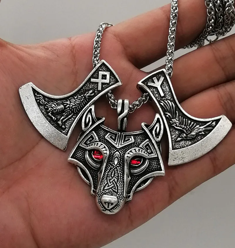 necklace without box Волчья Голова с волком Ворон подвеска в виде топора ожерелье мужские этнические языческие Викинг ювелирные изделия Прямая поставка - Окраска металла: necklace without box