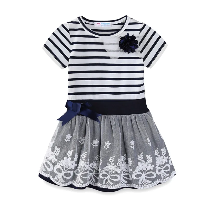 Navy Blue-short Mudkingdom/платья для девочек; детское кружевное платье принцессы в полоску с цветочным принтом; повседневное праздничное платье; одежда для детей - Цвет: Navy Blue-short