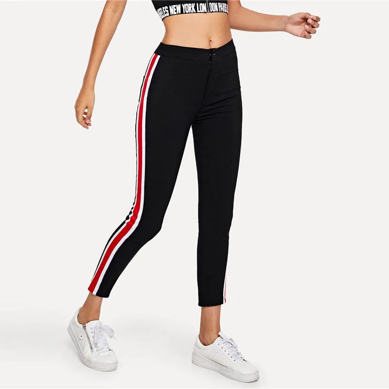 SweatyRocks, полосатые джинсы с лентой сбоку, уличная одежда, черные эластичные джинсовые штаны с высокой талией, весенние прямые женские обтягивающие джинсы
