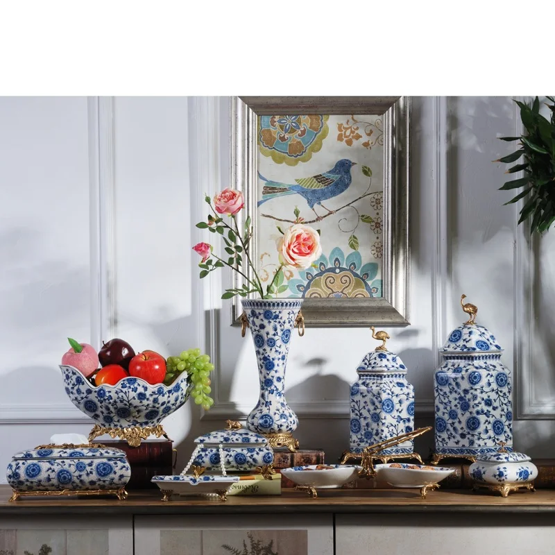 Blue and white porcelain, new Chinese ceramics copper towel box  living room coffee table fruit tray modern classical househo