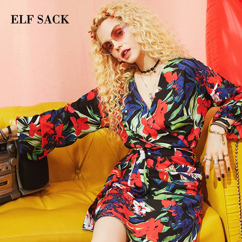 ELFSACK Floral Print Japanese Stylish Kimono Women Boho Summer Dress 2020 V Neck Button Up Split Holiday Party Dresses | Женская одежда