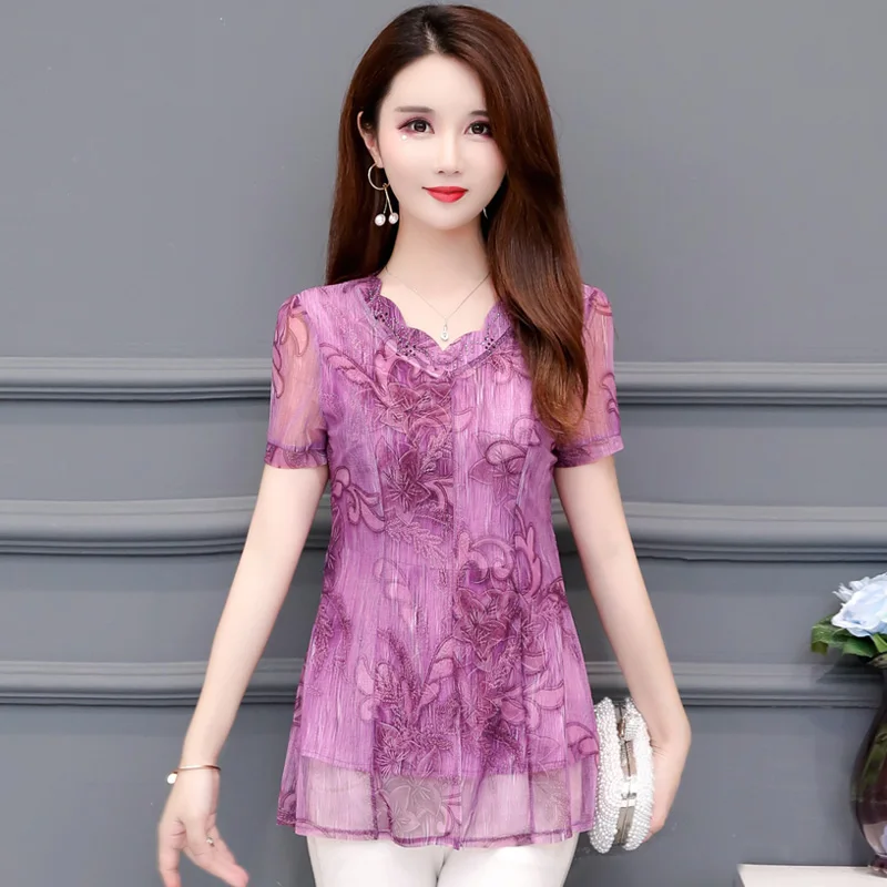 Chiffon Blouses Shirts Womans Short Sleeve Office Lady Work Patchwork Floral Print Beaded Blouse Faux Two Piece 4XL 3XL M019 |