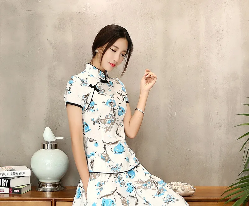 Шанхай история Мандарин воротник женская Qipao рубашка Китайский Топ короткий рукав cheongsam Топ Традиционный китайский льняная блузка