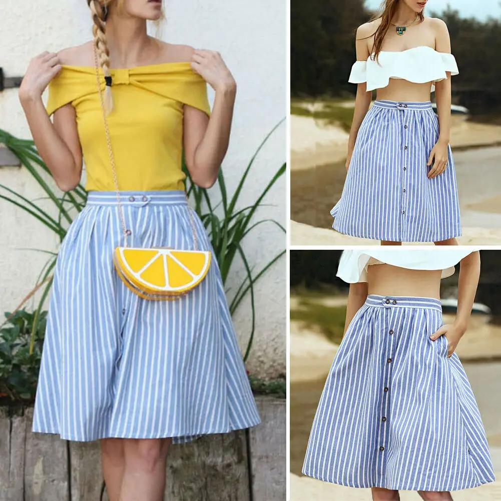 Новая модная повседневная Летняя юбка для женщин и девочек эластичная Полосатая