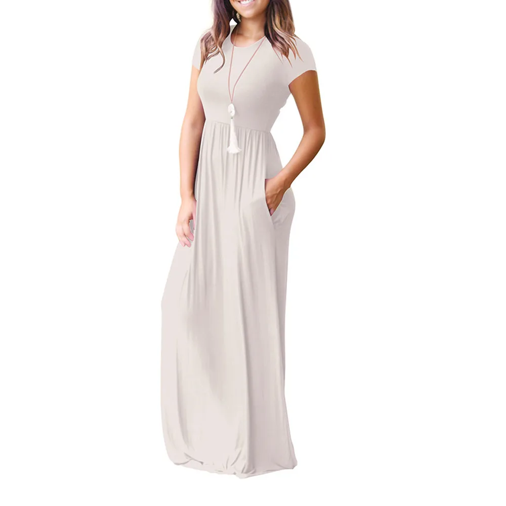 Свободное женское Повседневное платье в пол с круглым вырезом и карманами