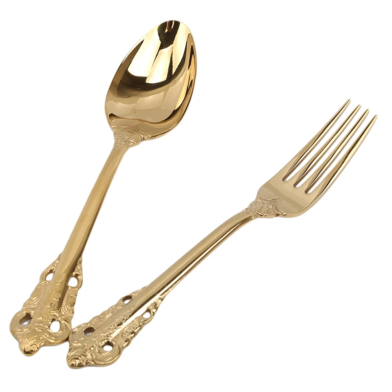 Винтажный ретро набор столовых приборов с выгравированными узорами, золотого цвета, из нержавеющей стали 304: ножи, вилки, столовые ложки для западной кухни и обеда.