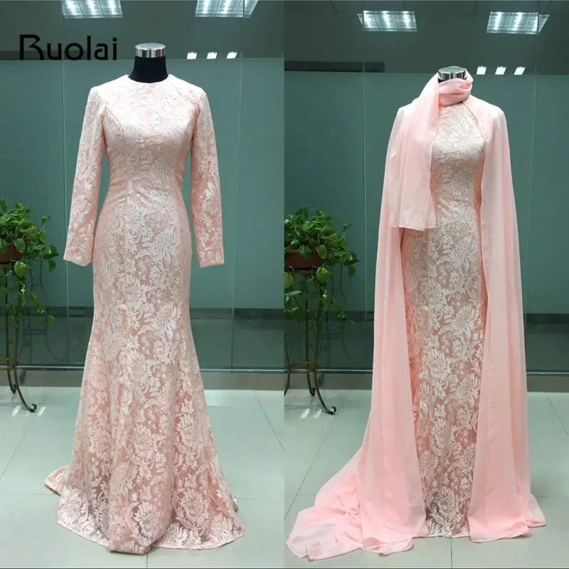 Элегантное мусульманское вечернее платье с длинными рукавами кружевное русалки