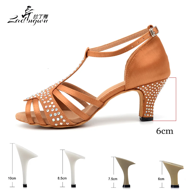 Ladingwu/Обувь для латинских танцев расшитая стразами коричневого цвета на каблуке 6