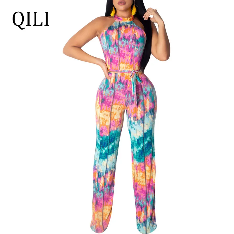 

QILI Summer Multi Print Sleeveless Jumpsuits Sexy Backless Wide Leg Long Pants Jumpsuit New Colorful Jumpsuits