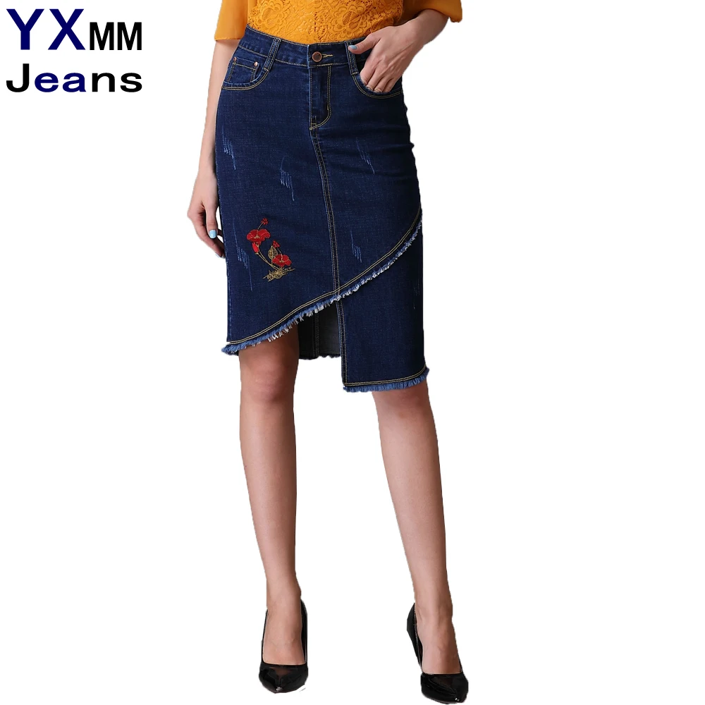 YXMM случайный колено-длина джинсовые юбки женщин высокая Талия Кисточкой