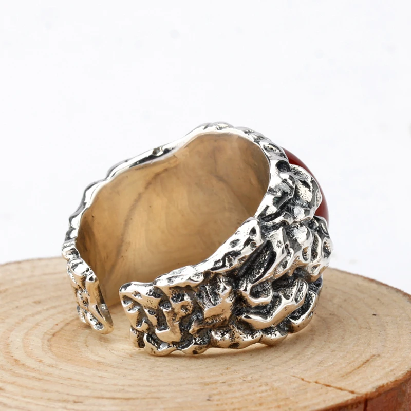 Adjustable Mens Ring 925 Sterling Silver Punk Big Carved Red Agate Stone Engraved Unique Party Jewelry | Украшения и аксессуары